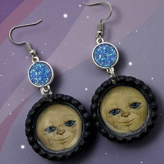 Moon Face Bottle Cap Earrings with Blue Druzy