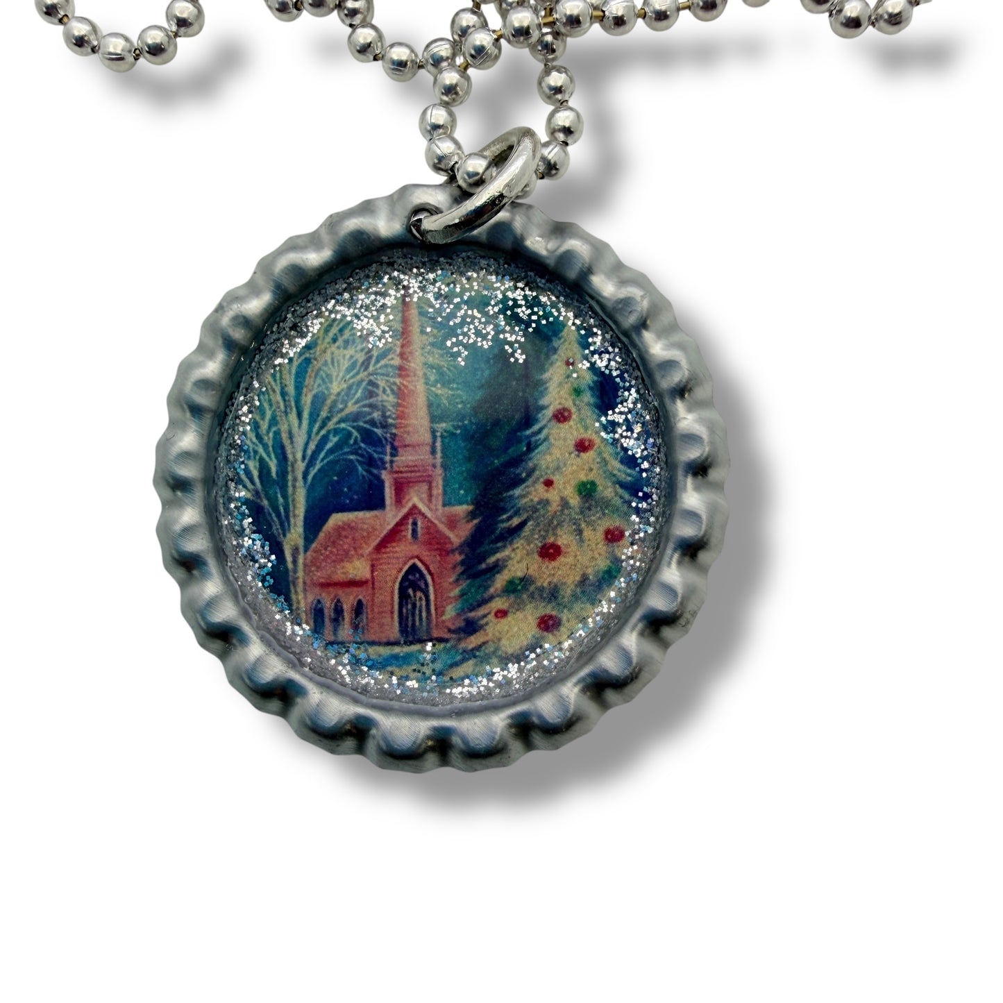 Vintage Church Christmas Bottle Cap Necklace