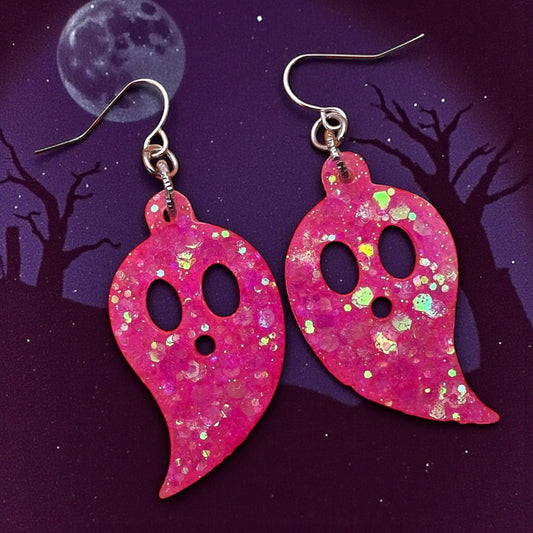Hot Pink Glitter Ghost Earrings | Cute Kawaii Halloween Dangles