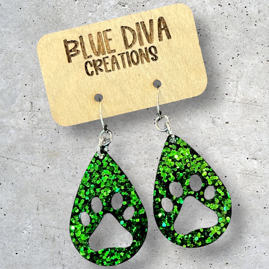 Medium Emerald Green Glitter Paw Teardrop Dangle Resin Earrings