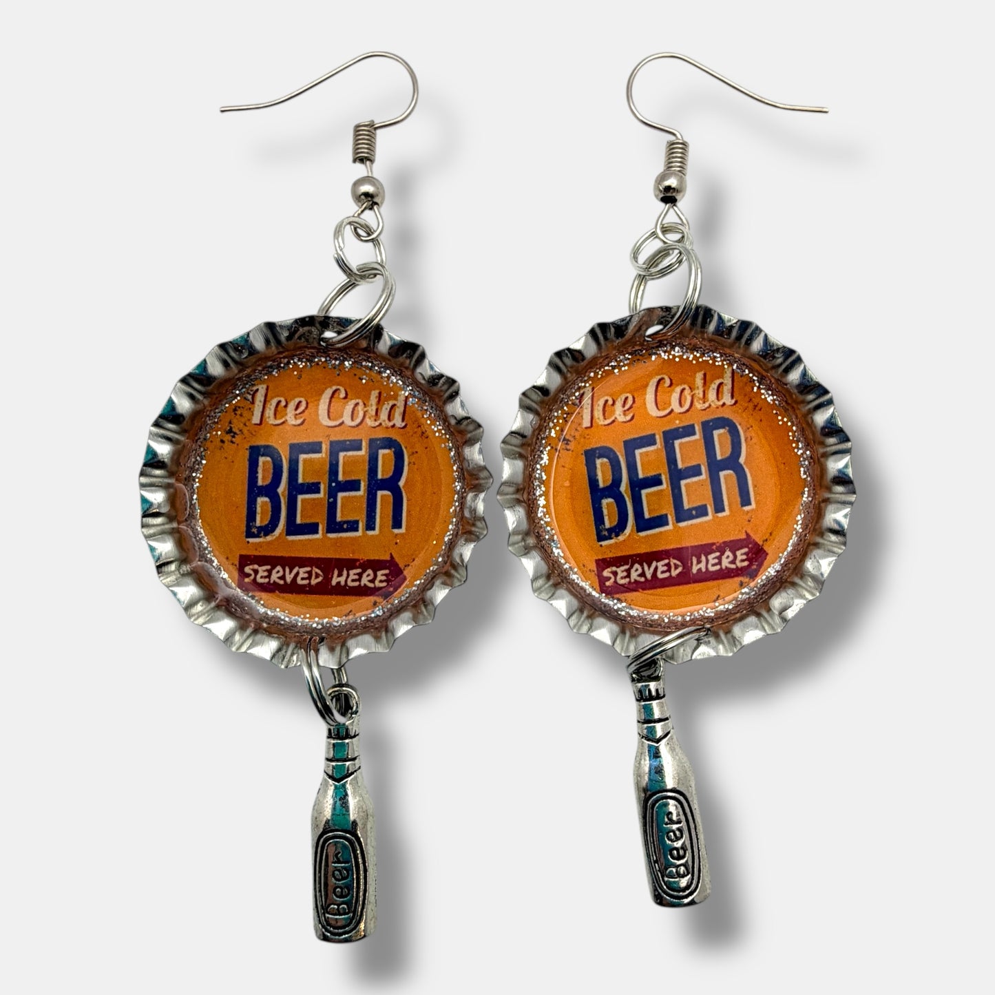 Upcycled Beer Bottle Cap Earrings with Charm