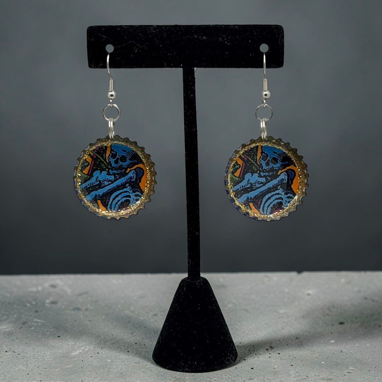 Upcycled Pacifico Bottle Cap Skeleton Earrings