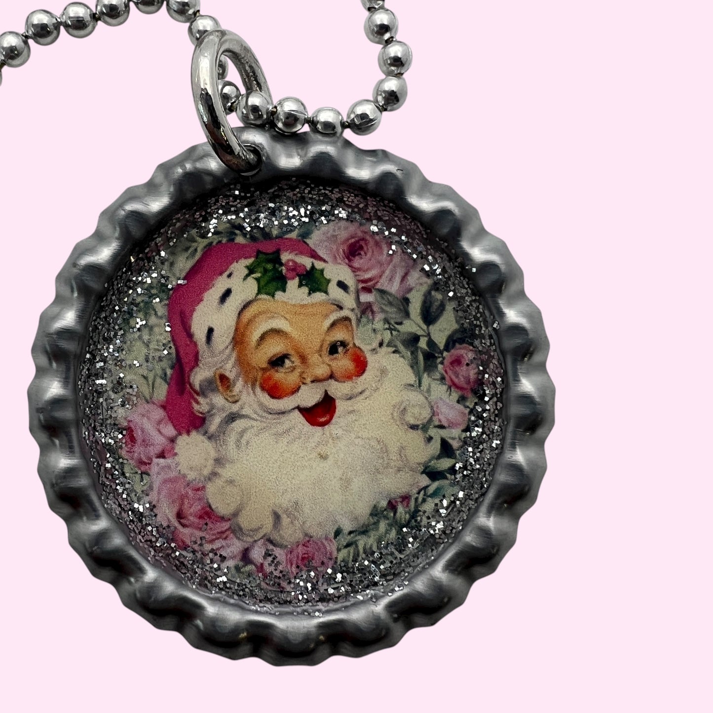 Vintage Pink Santa Bottle Cap Necklace