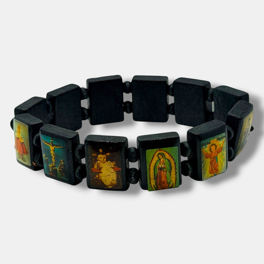 Catholic Saints Icon Stretch Bracelet – Black Wood Religious Jewelry