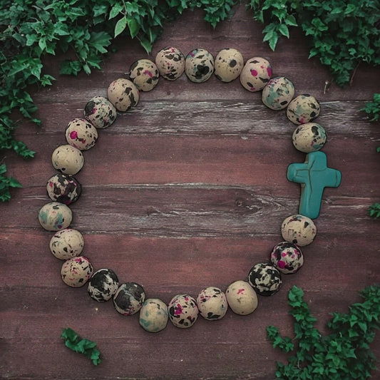 Turquoise Stone Cross Stretch Bead Bracelet