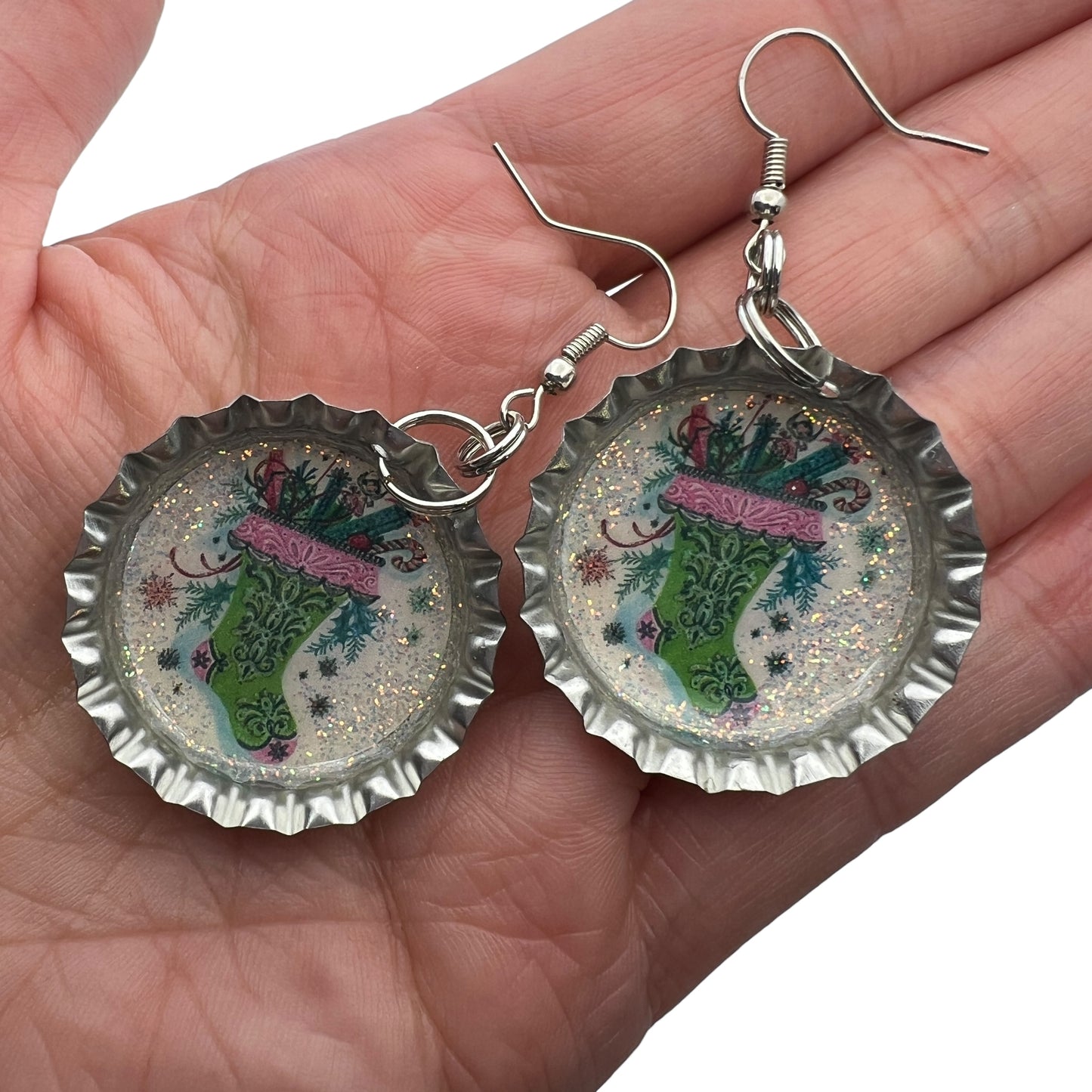 Christmas Stocking Bottle Cap Earrings