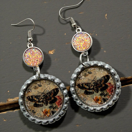 Vintage Moth Bottle Cap Earrings with Peach Druzy Dangle