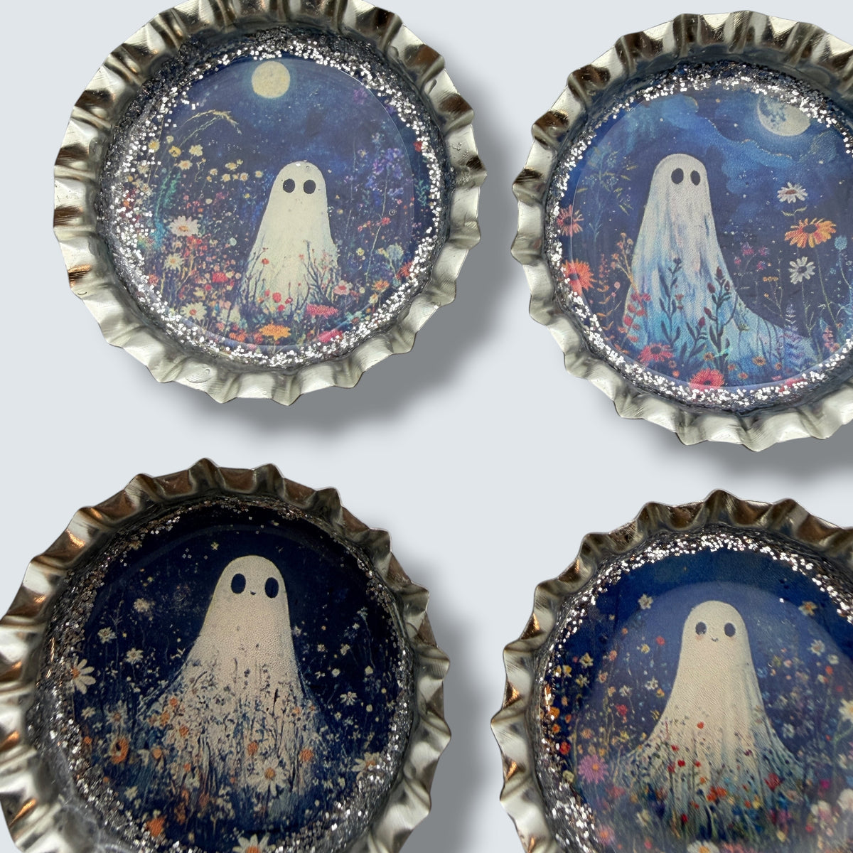 Spooky Floral Ghost Bottle Cap Magnet Set