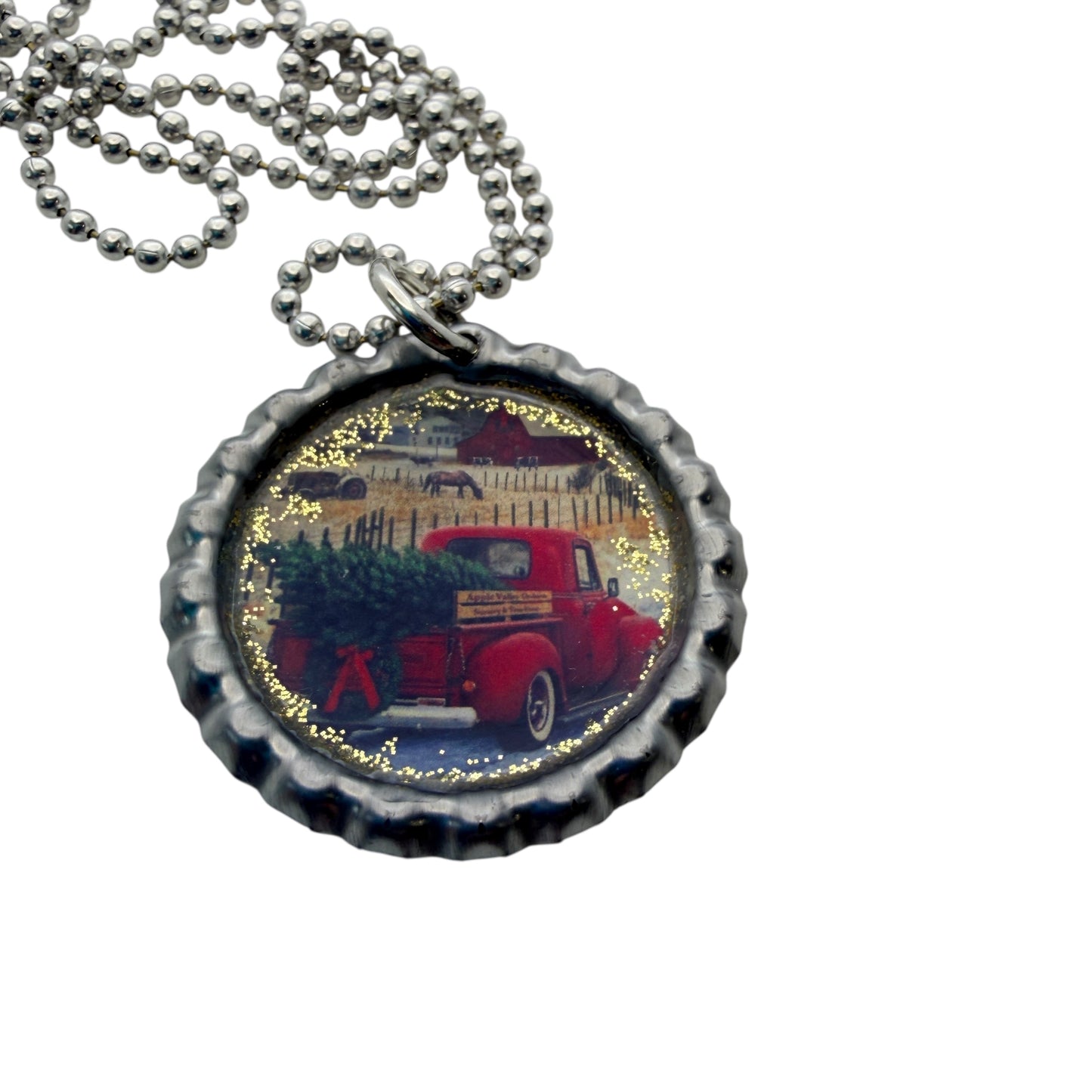 Vintage Red Truck Christmas Bottle Cap Necklace