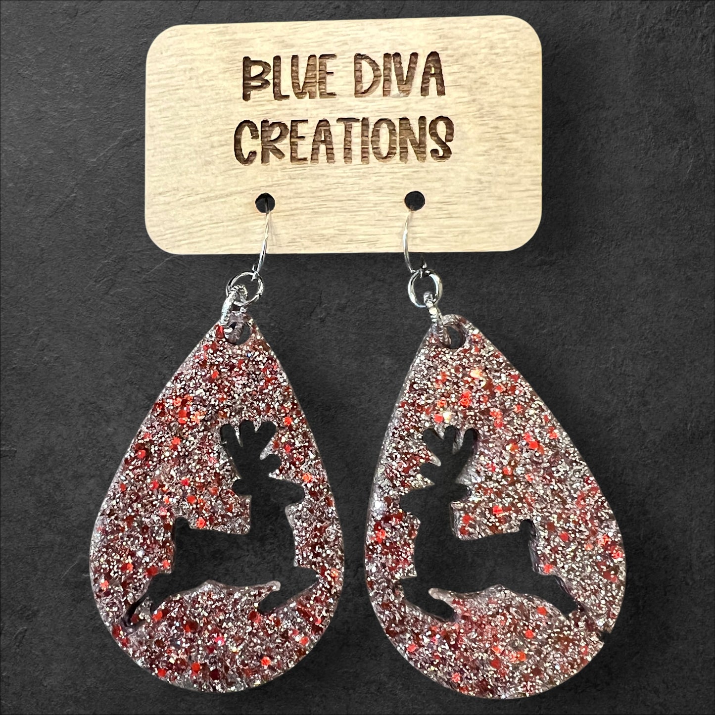 Silver and Red Glitter Reindeer Resin Teardrop Earrings