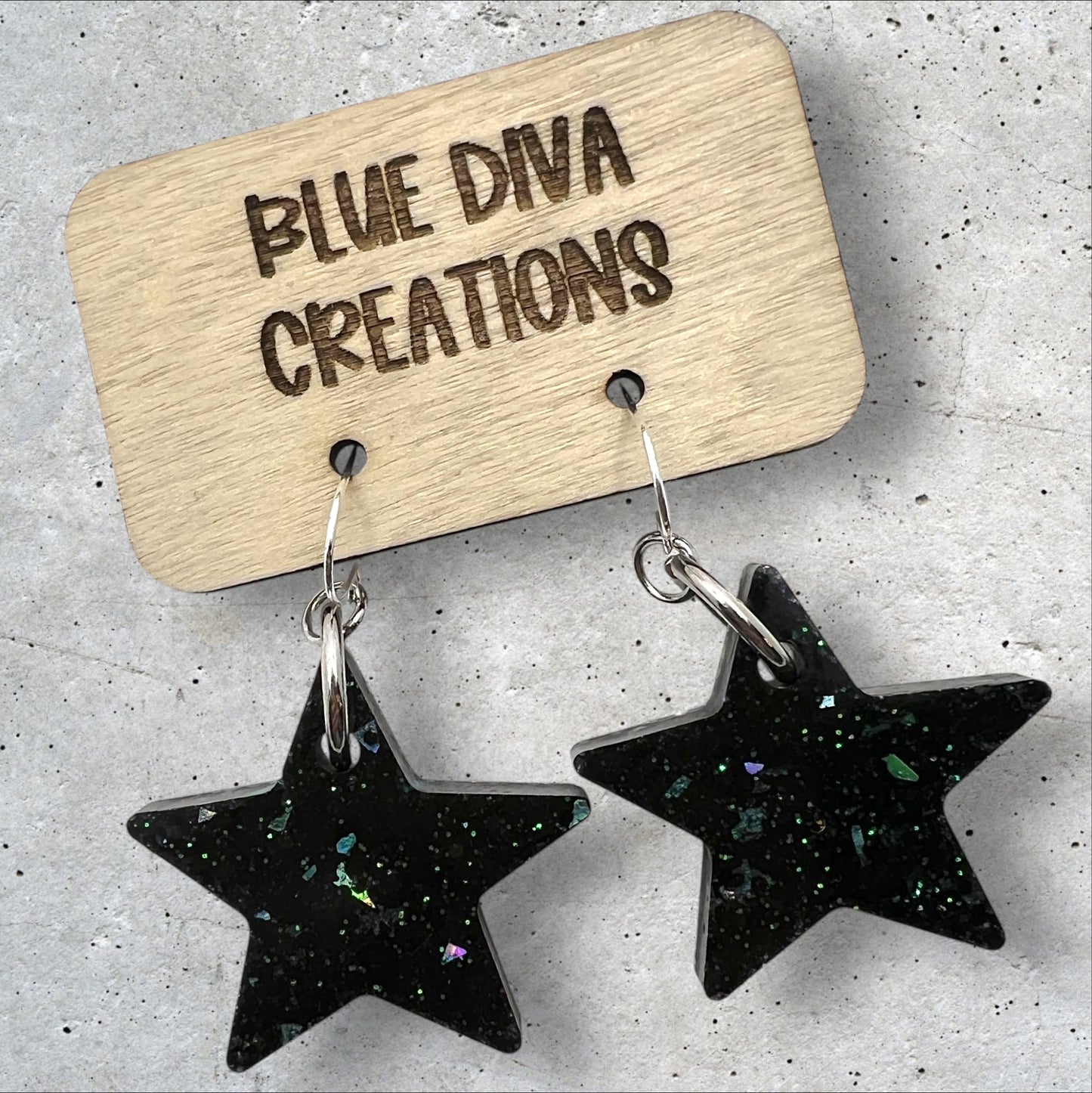 Cosmic Black & Teal Glitter 1” Star Resin Earrings