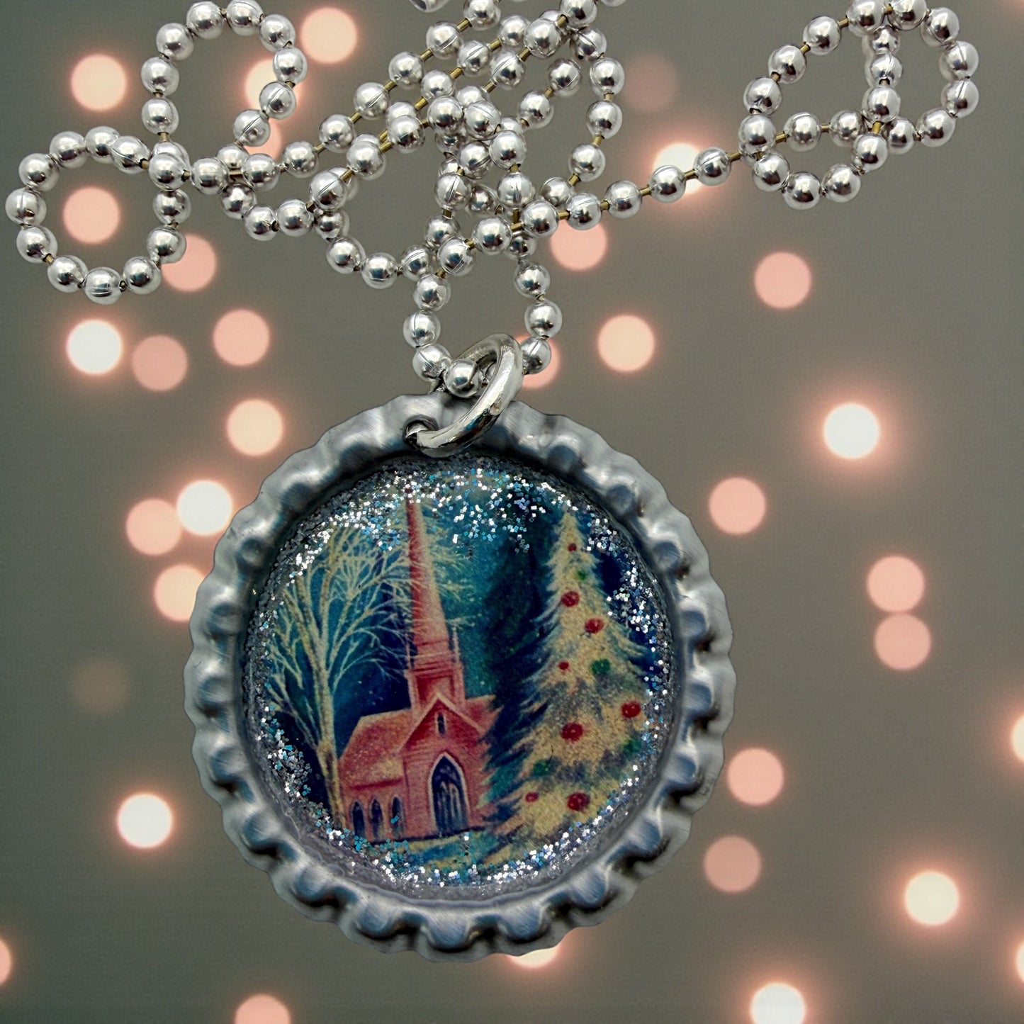 Vintage Church Christmas Bottle Cap Necklace