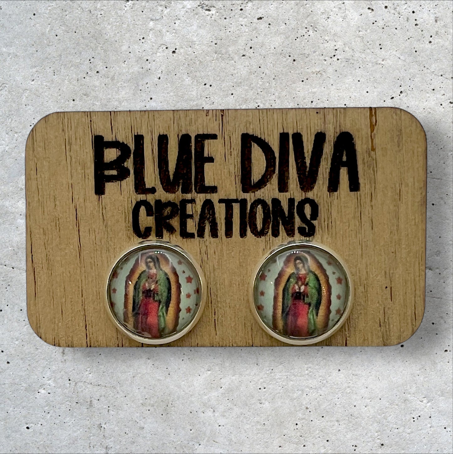 12mm mini Virgen de Guadalupe handmade Glass Cabochon earrings, turquoise with red stars 