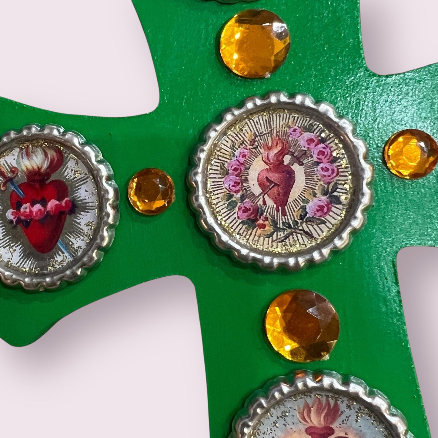 Sacred Heart Wooden Cross – 8” Green Folk Art Cross with Bottle Cap Resin Images & Rhinestones