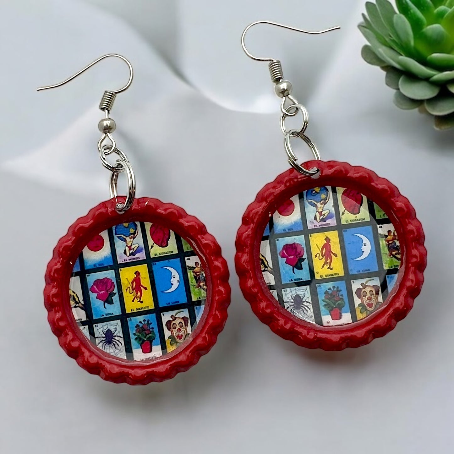 Loteria Bottle Cap Earrings – Upcycled Red Cap Jewelry, Mexican Bingo Game Art, Retro Folk Style Accessories