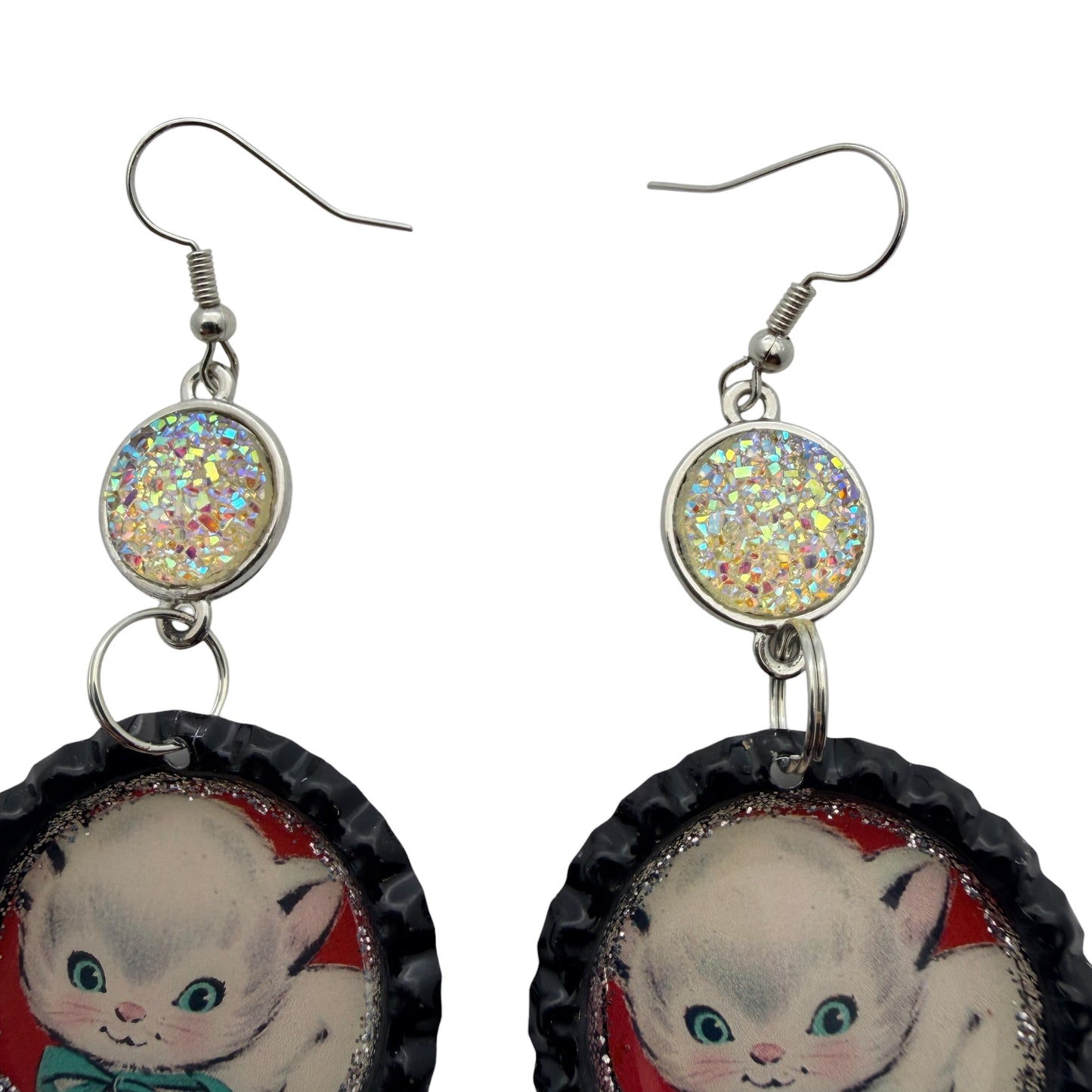 Vintage Valentine Kitten Upcycled Bottle Cap Dangle Earrings