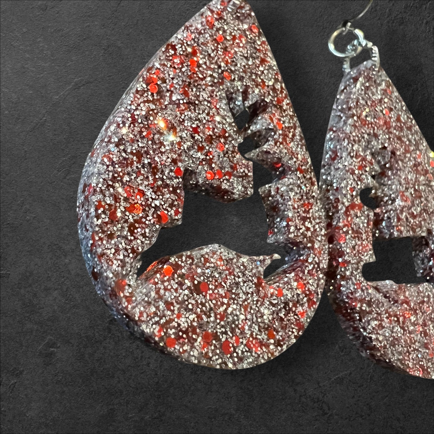 Silver and Red Glitter Reindeer Resin Teardrop Earrings