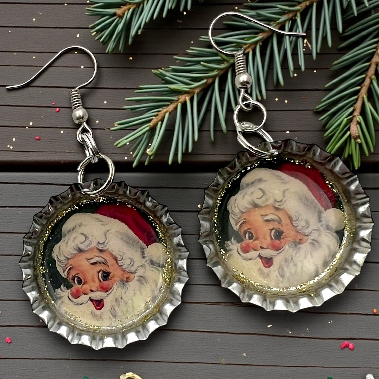 Vintage Santa Bottle Cap Earrings