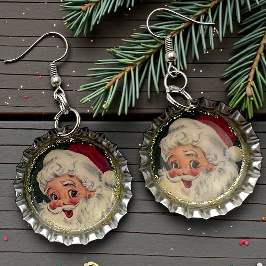 Vintage Santa Bottle Cap Earrings