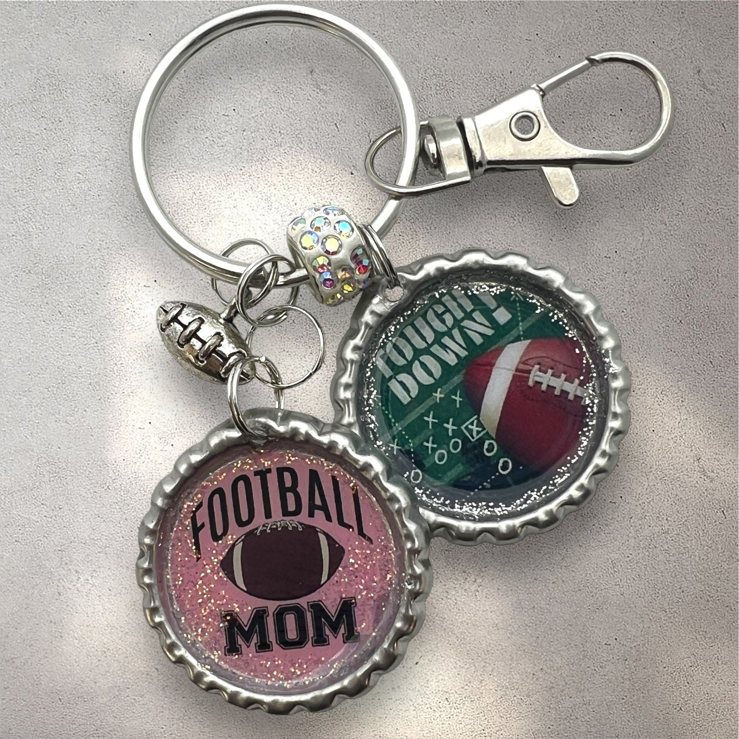 Football Mom & Touchdown Bottle Cap Keychain – Glitter Resin Sports Accessory
