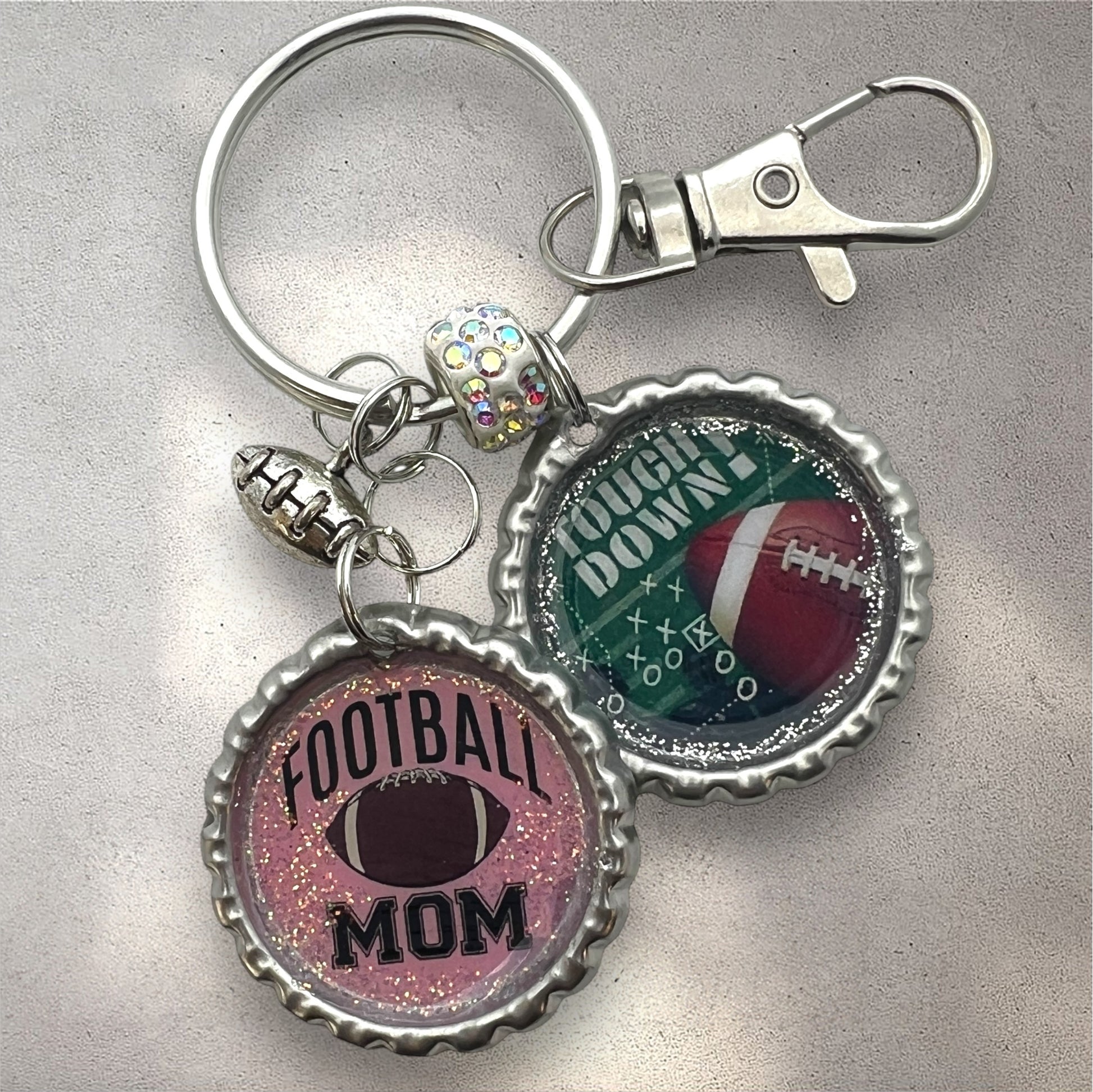 Football Mom & Touchdown Bottle Cap Keychain – Glitter Resin Sports Accessory
