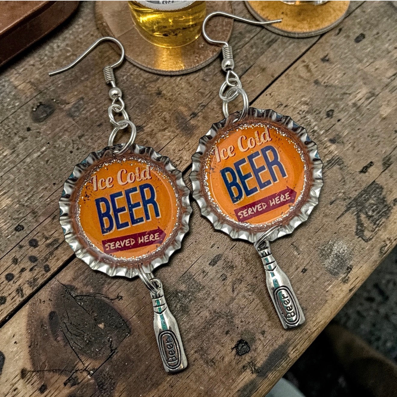 Upcycled Beer Bottle Cap Earrings with Charm