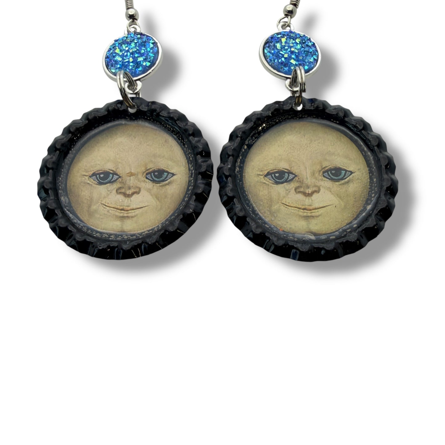 Moon Face Bottle Cap Earrings with Blue Druzy