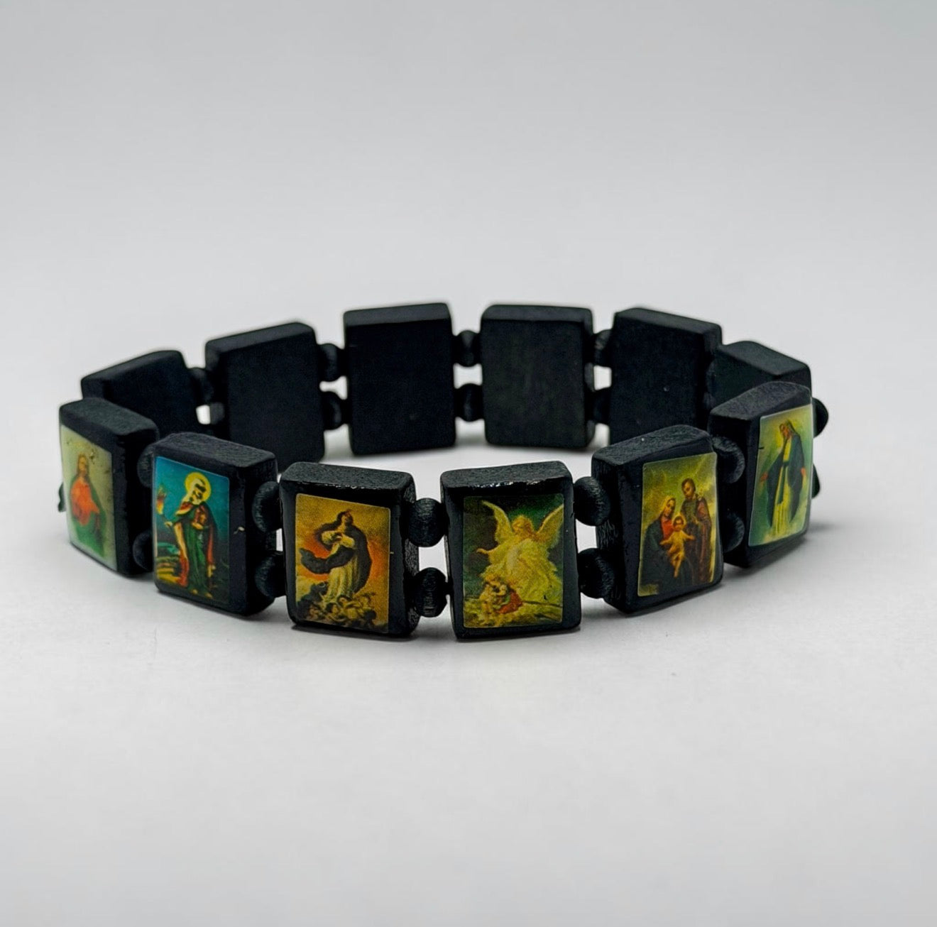 Catholic Saints Icon Stretch Bracelet – Black Wood Religious Jewelry