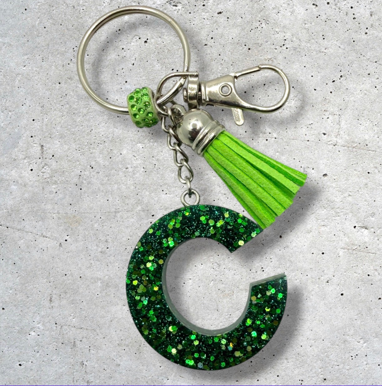 Green Glitter Initial Keychain – Resin Letter Charm with Tassel