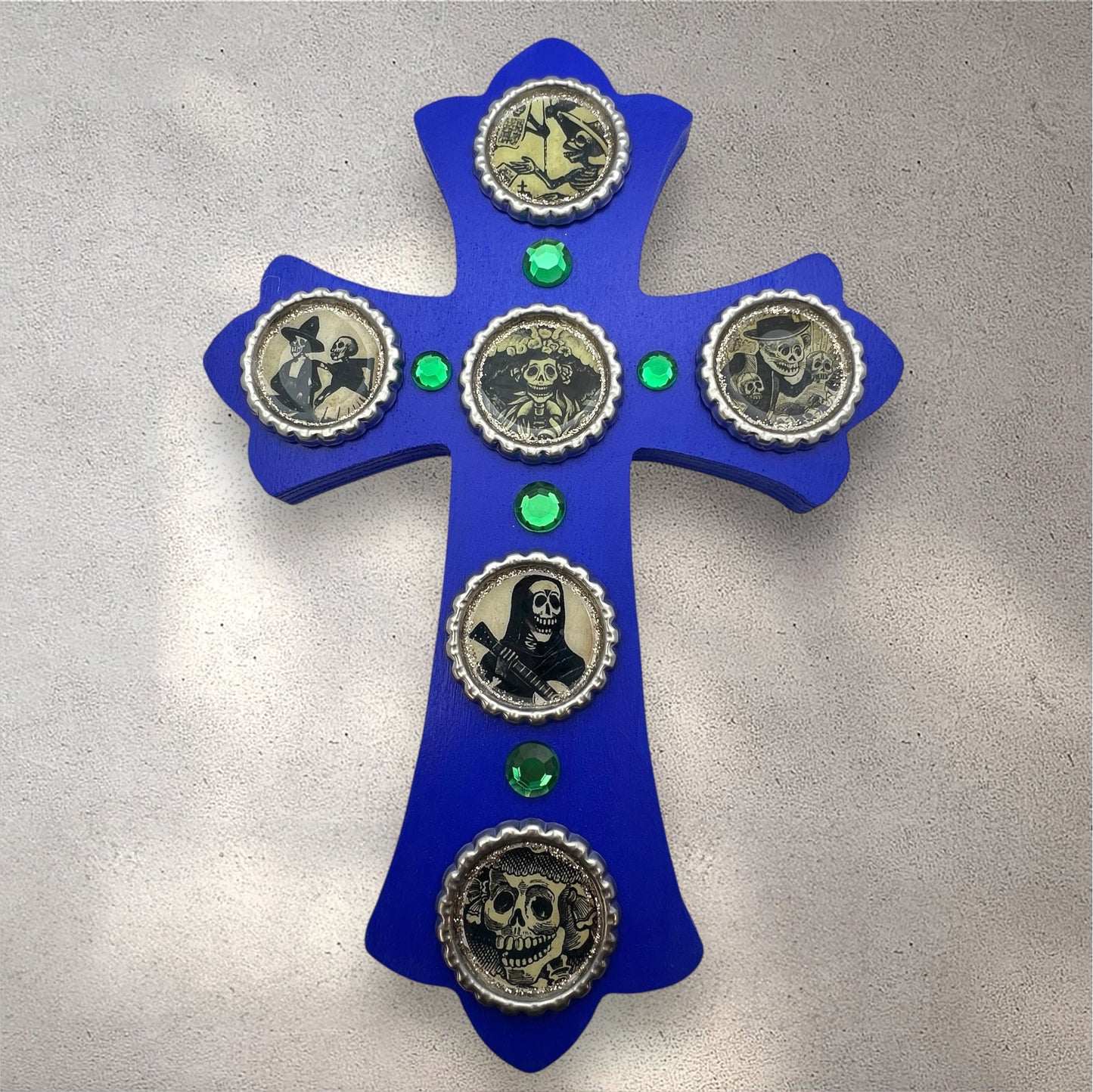 Blue Wooden Cross with Bottle Cap Calavera Art – Día de los Muertos Wall Décor