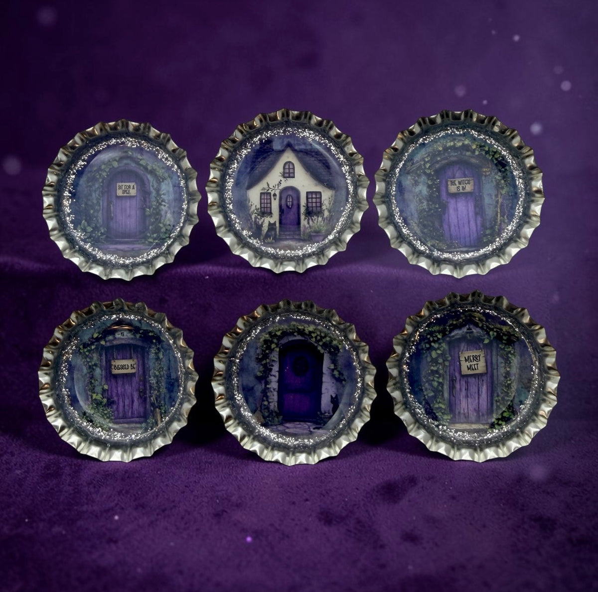 Purple Witch Door Bottle Cap Magnets