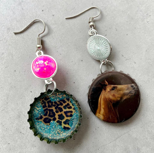 Texas Leopard Print Upcycled Horse Themed Bottle cap Earrings