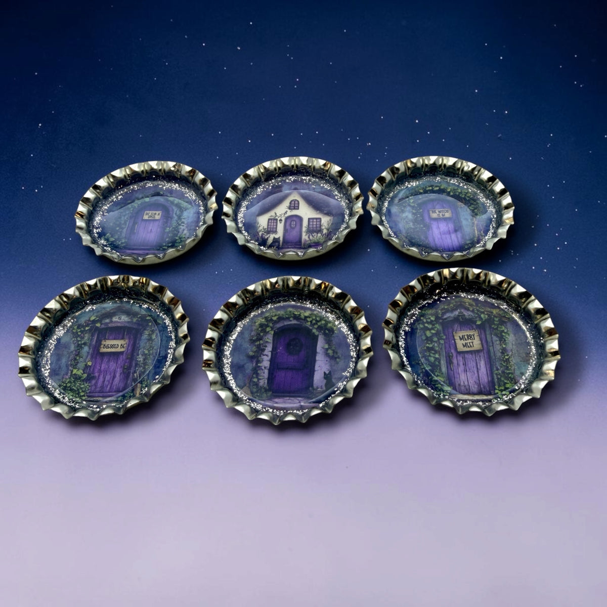 Purple Witch Door Bottle Cap Magnets