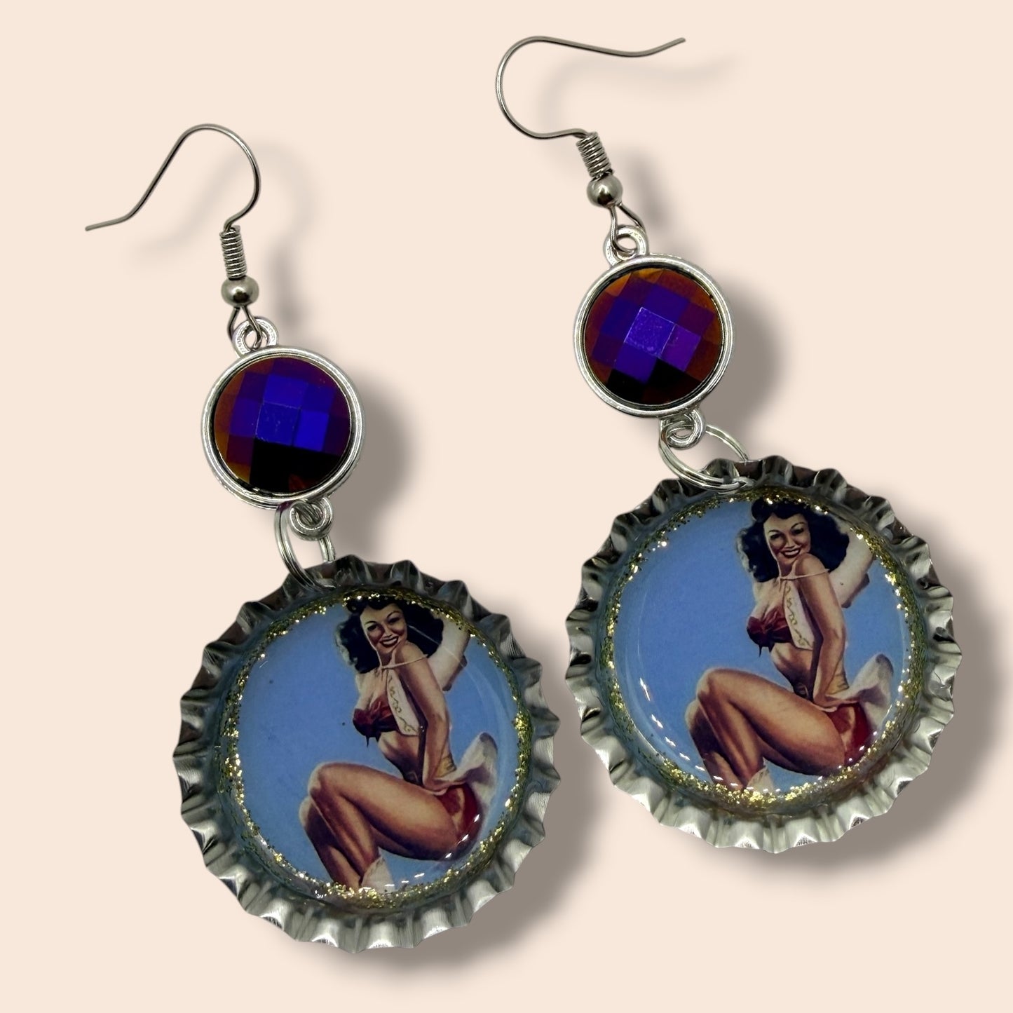 Cowgirl Pinup Bottle Cap Earrings