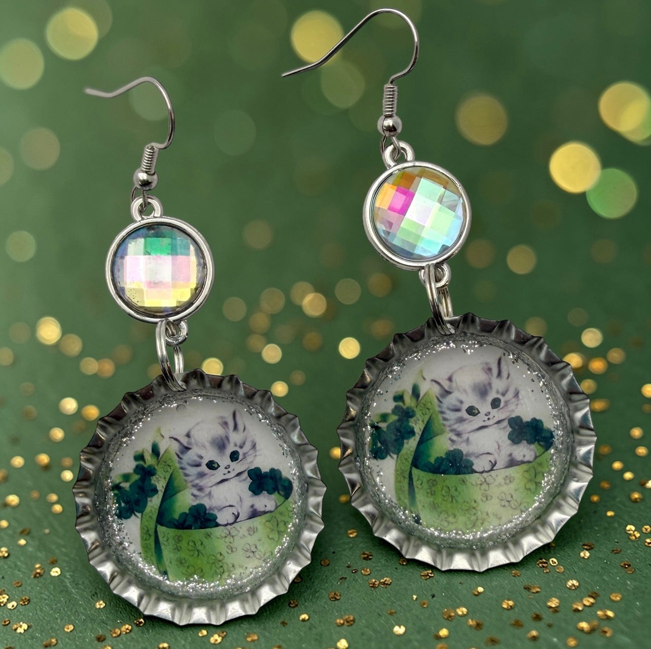 Lucky Kitten Clover Bottle Cap Earrings