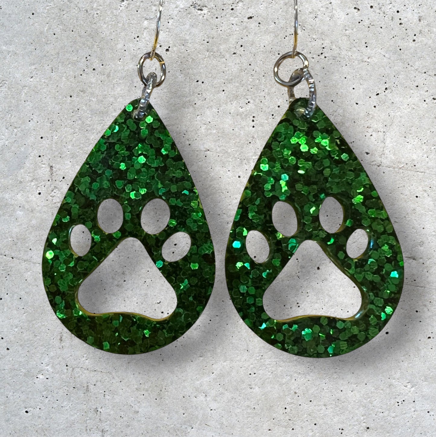 Medium Emerald Green Glitter Paw Teardrop Dangle Resin Earrings