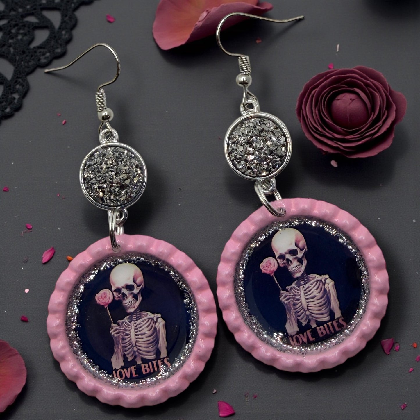 Goth “Love Bites” Skeleton Rose Druzy Bottle Cap Earrings