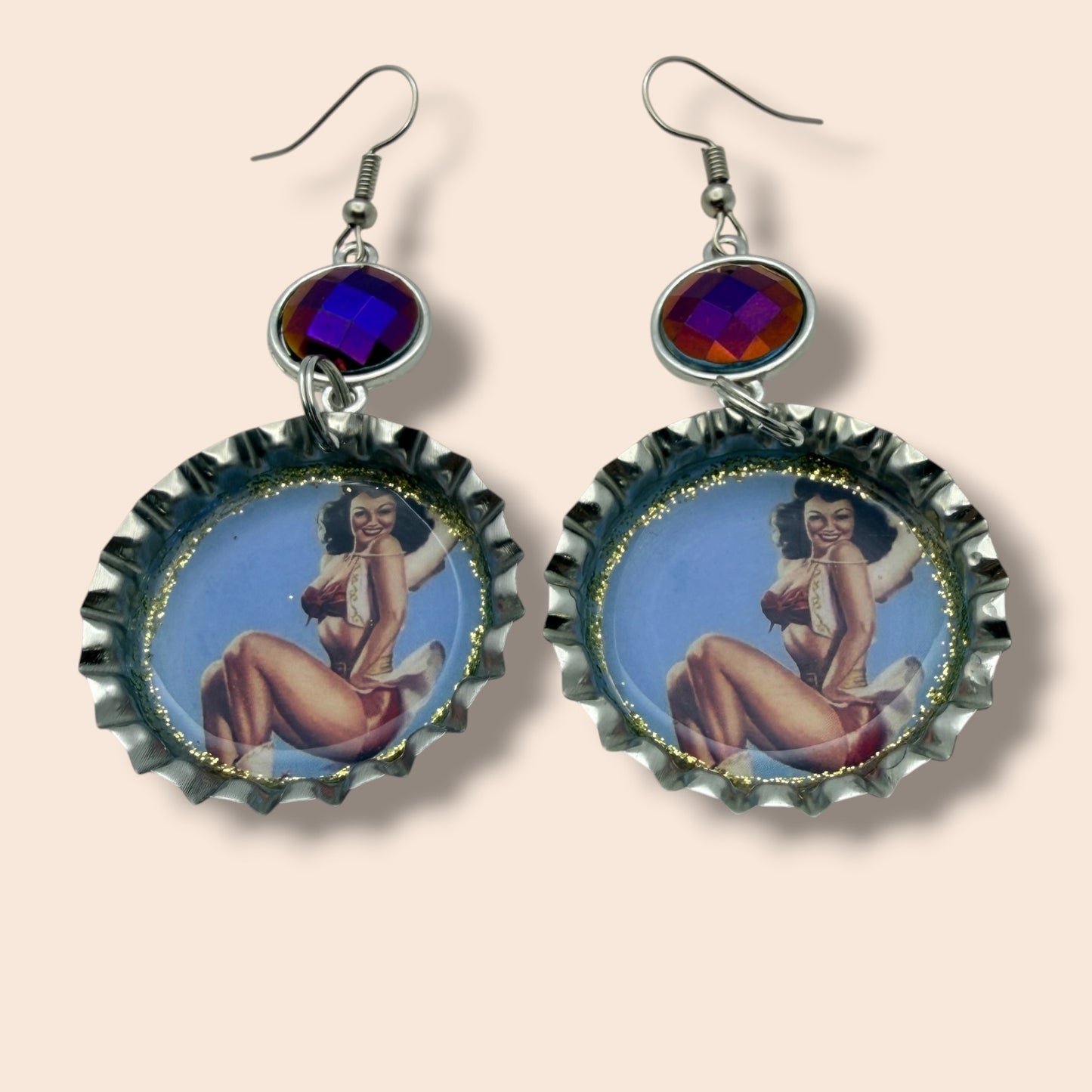 Cowgirl Pinup Bottle Cap Earrings