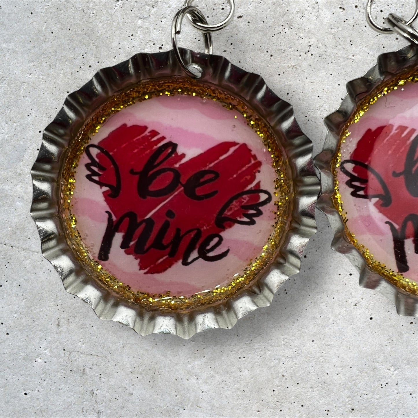 “Be Mine” Valentine Bottle Cap Earrings