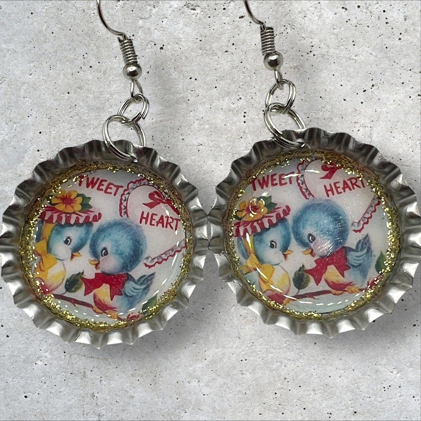 Vintage Valentine Sweet Bluebirds Retro Bottle Cap Earrings