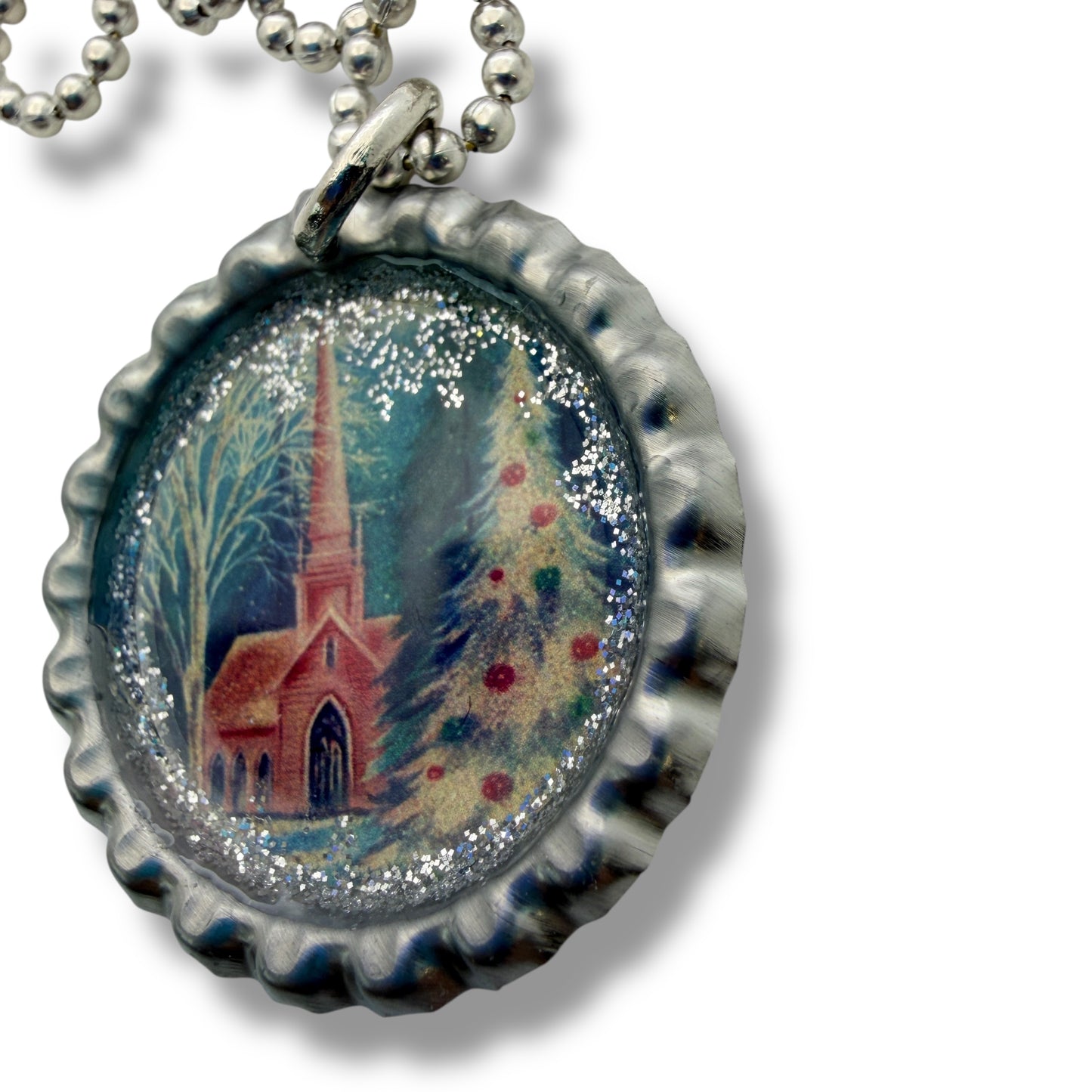 Vintage Church Christmas Bottle Cap Necklace