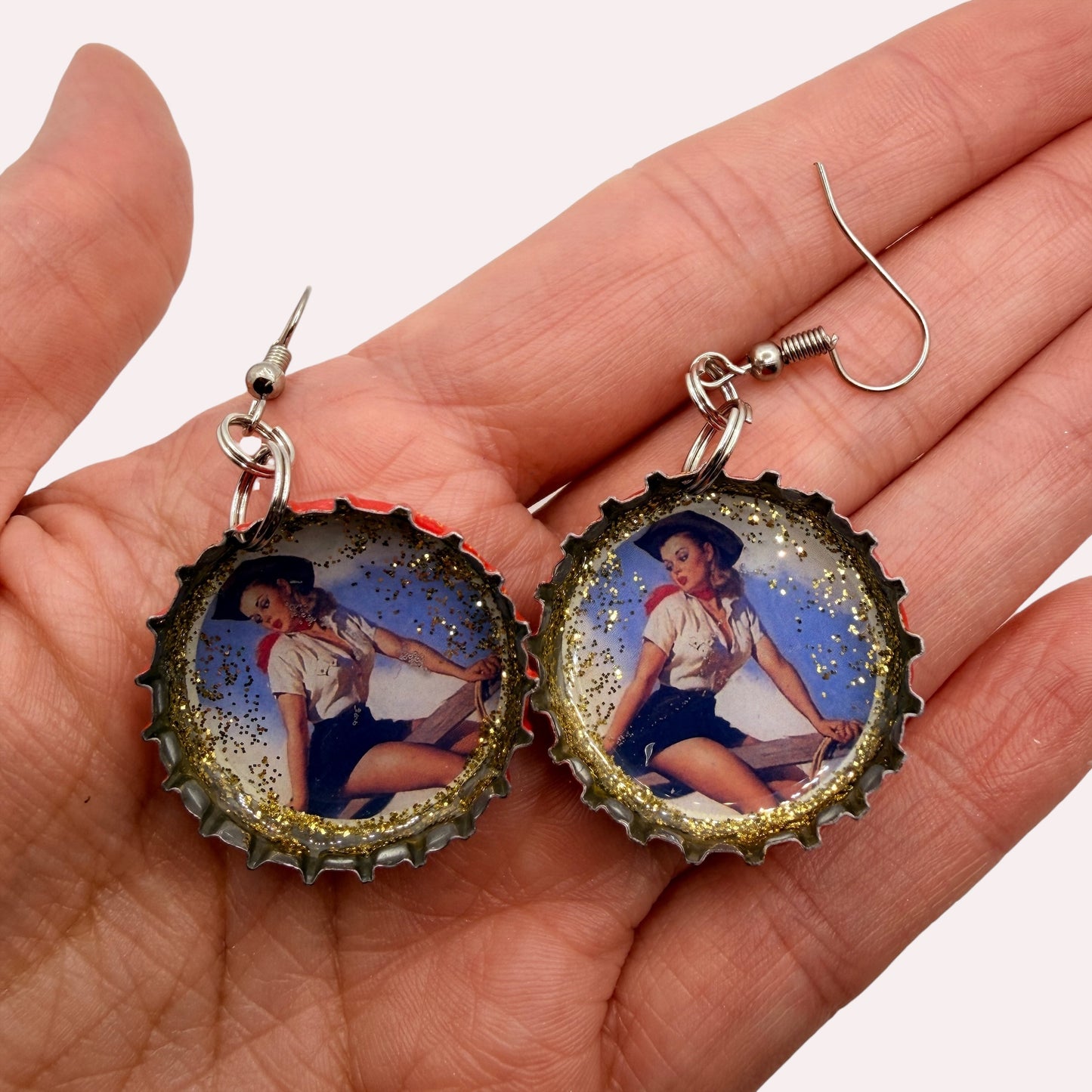 Upcycled Shiner Bock Bottle Cap Retro Cowgirl Earrings