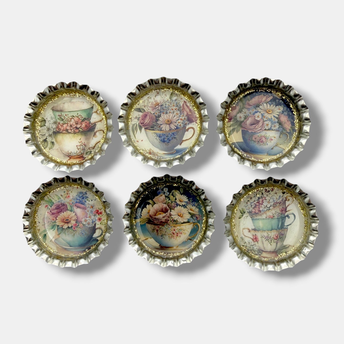 Floral Teacup Bottle Cap Magnet Set