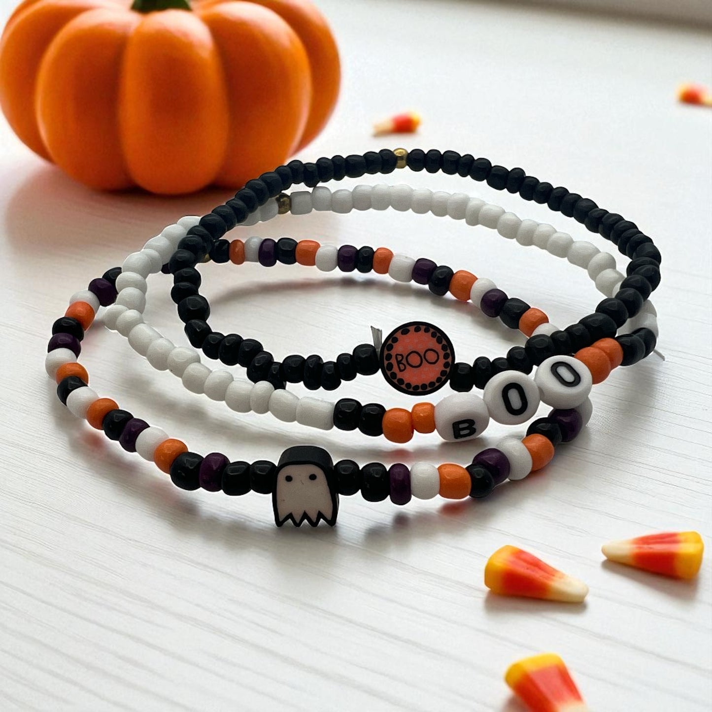 Halloween Beaded Stretch Bracelet Set – Ghost & BOO Charms