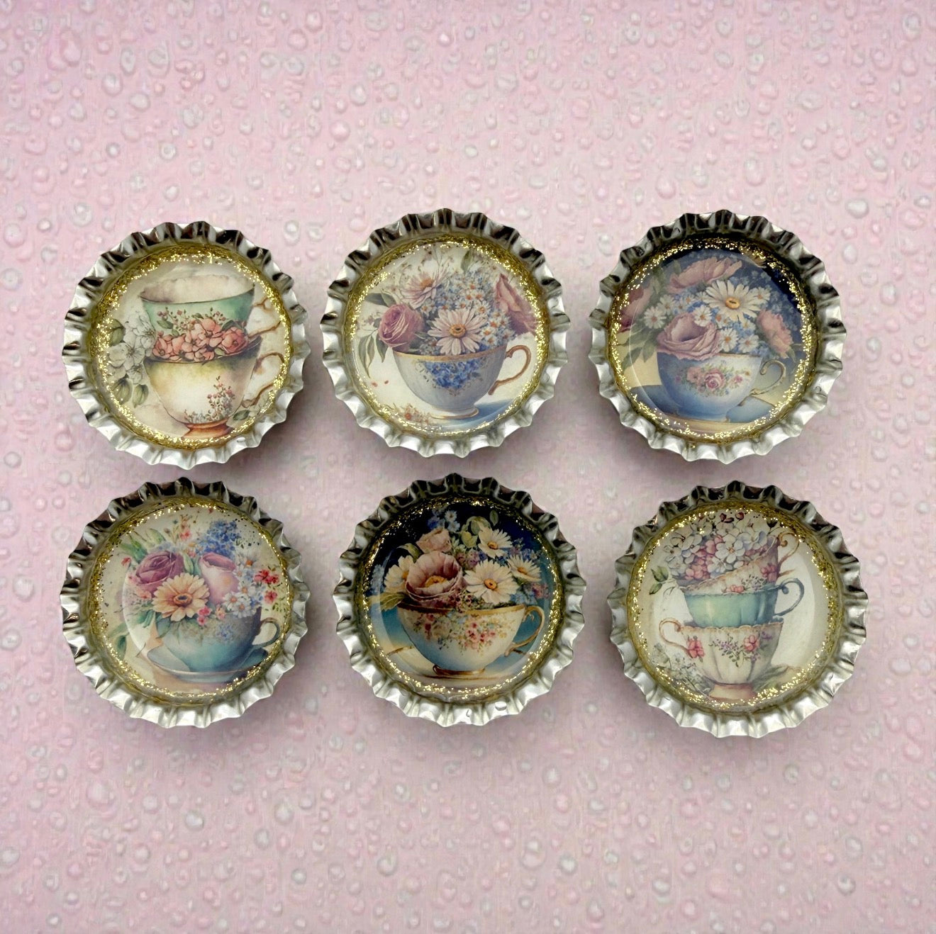 Floral Teacup Bottle Cap Magnet Set