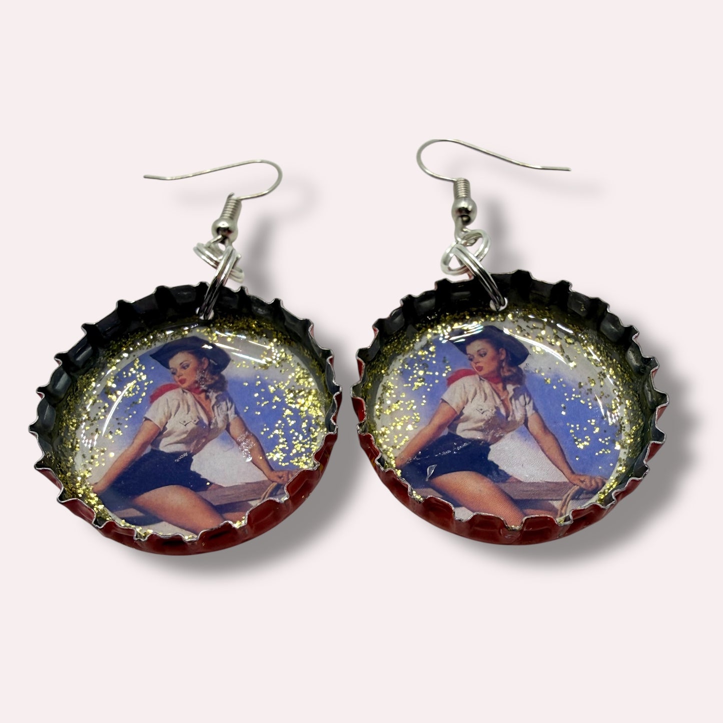 Upcycled Shiner Bock Bottle Cap Retro Cowgirl Earrings