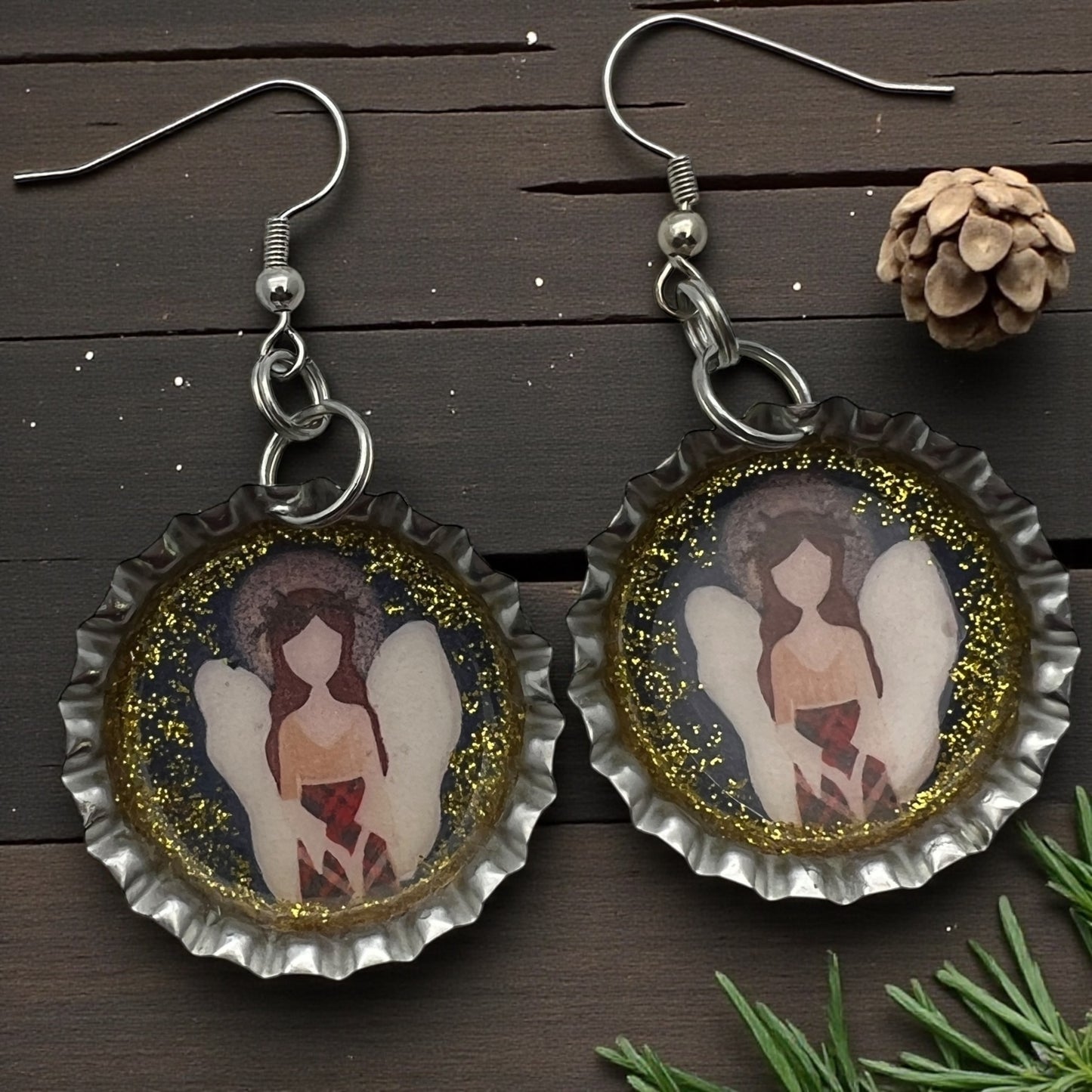 Angel Bottle Cap Earrings – Gold Glitter Resin Guardian Angel Dangle Earrings