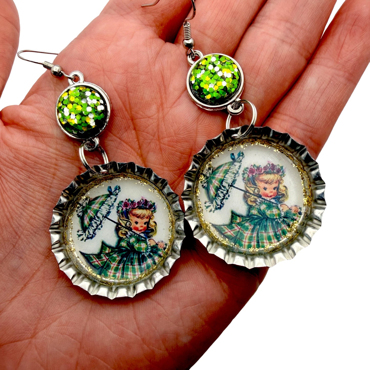 Retro Girl with Umbrella St. Patrick’s Day Bottle Cap Earrings