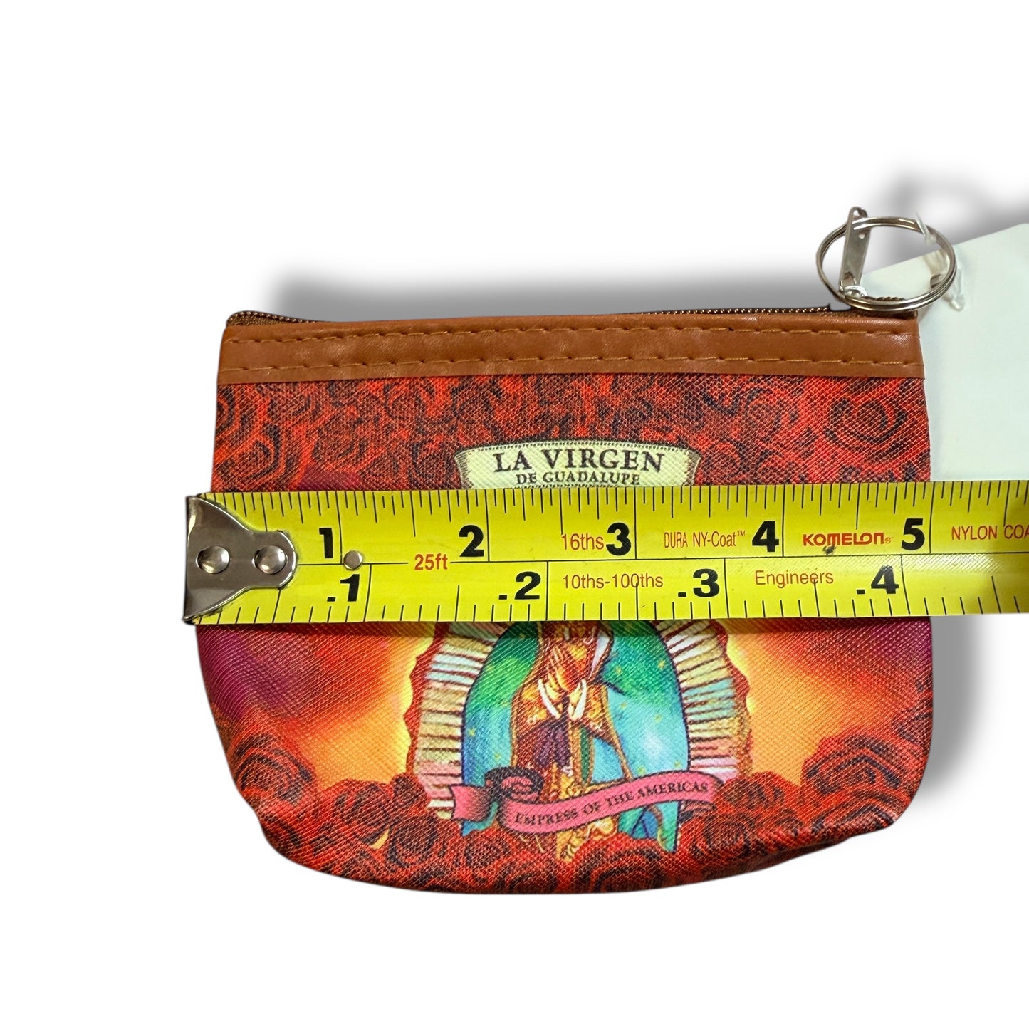 Virgen de Guadalupe Coin Pouch Zip Wallet with Keyring – Red Rose Design