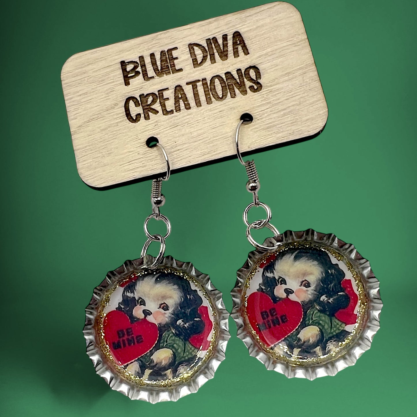 Vintage Valentine Puppy Bottle Cap Earrings